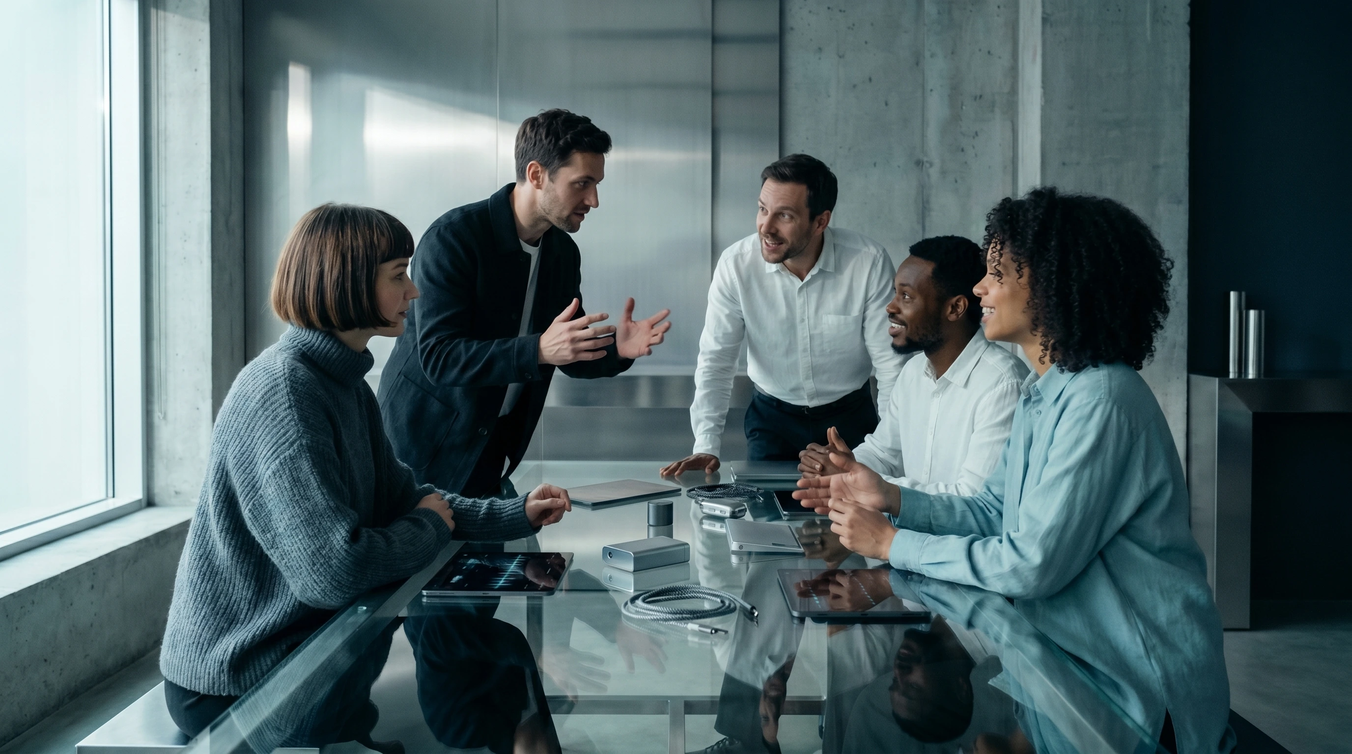 Neurotechnology product team gathered around a table in discussion