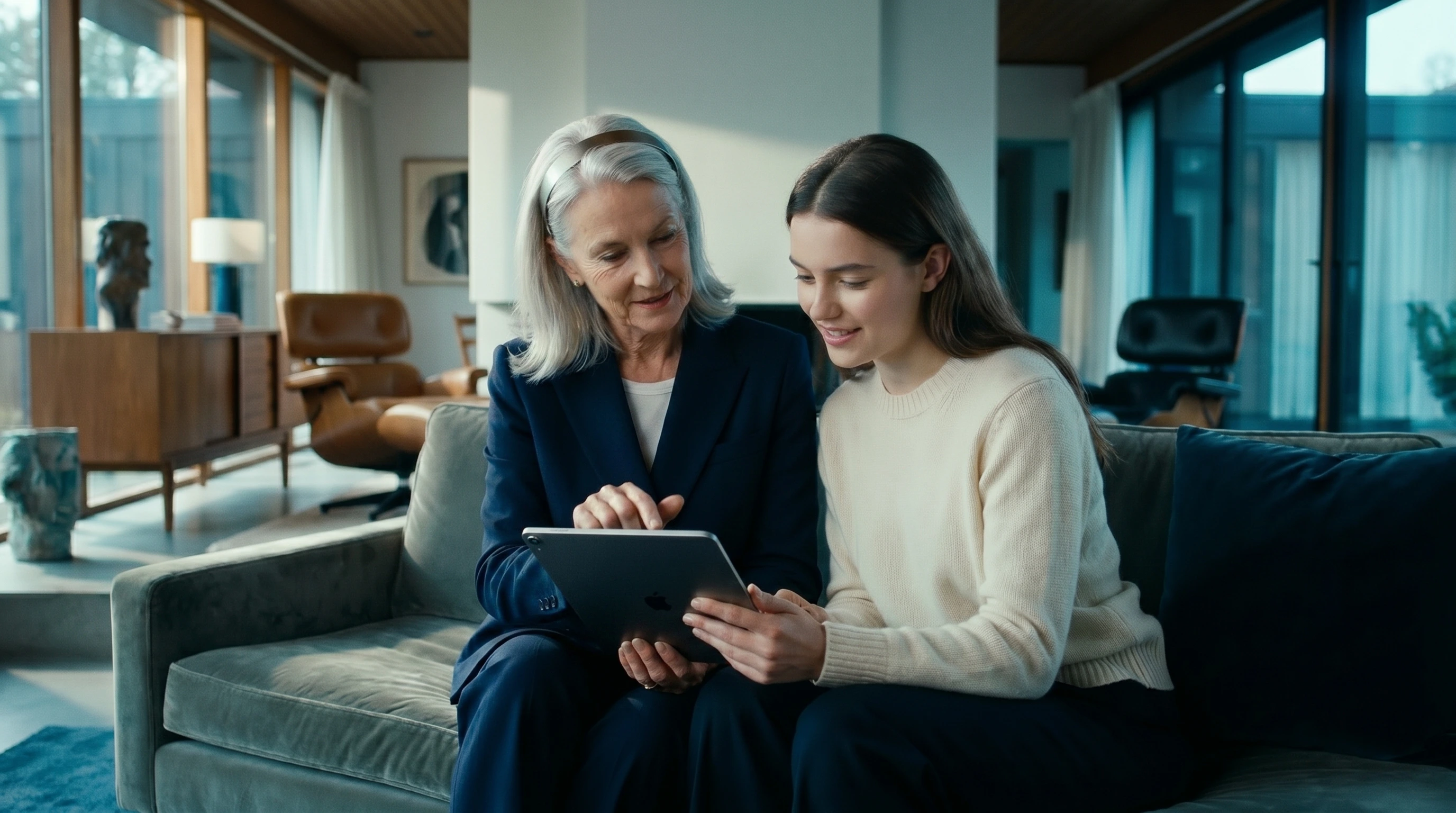 Older adult and younger adult using a tablet together