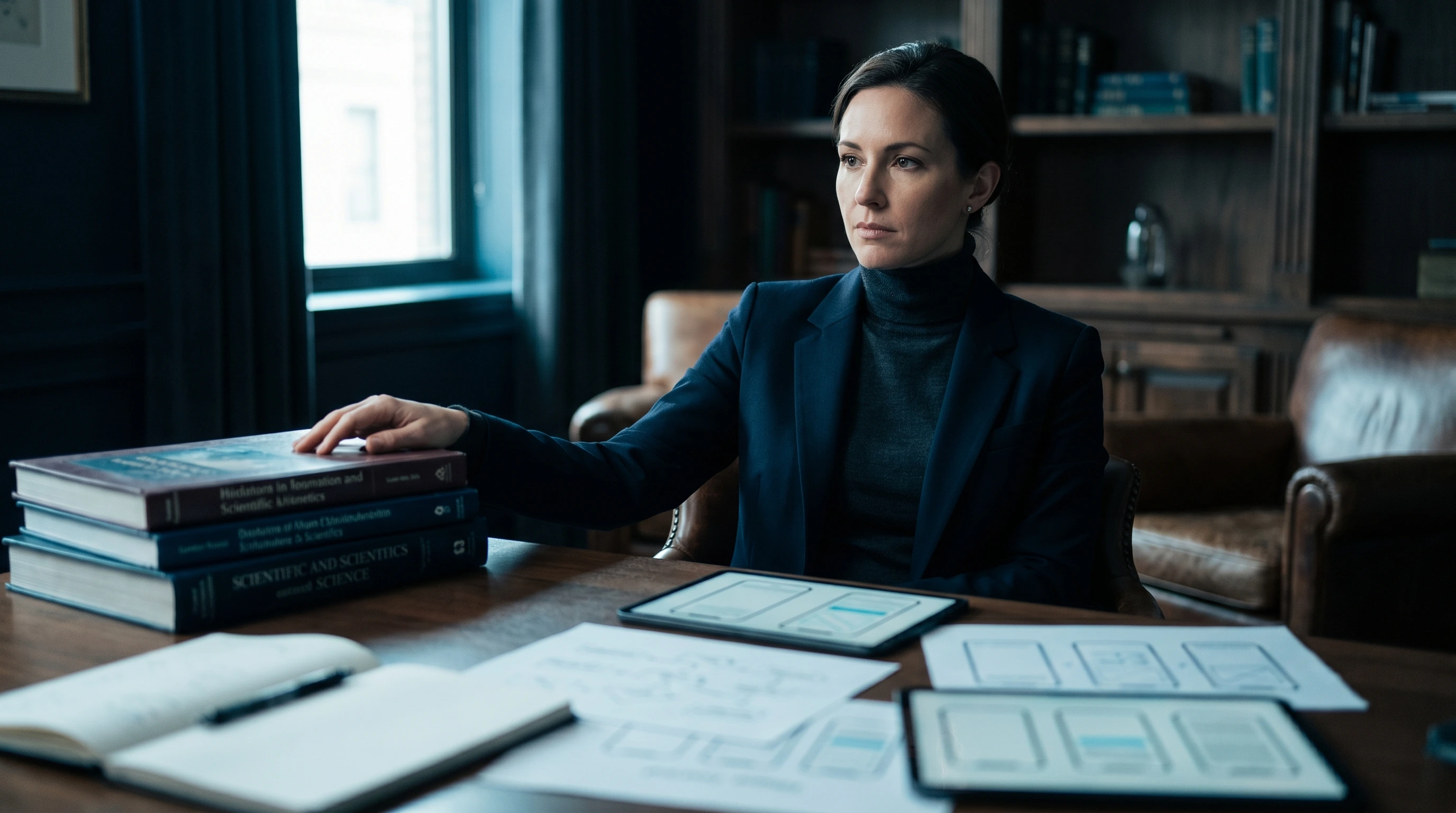 Researcher reviewing notes and app wireframes at a desk