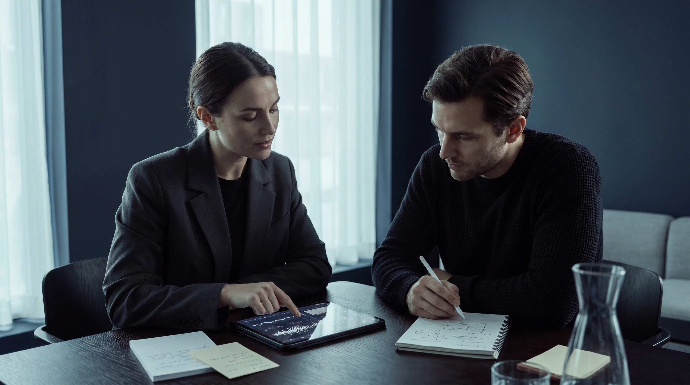Two people reviewing a tablet during a product testing session